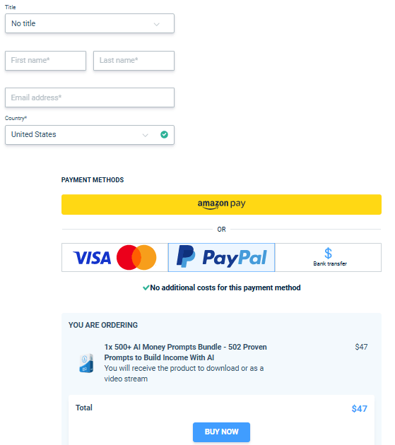 The 500+ AI Money Prompts Bundle Checkout Page
